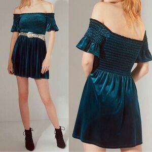 Urban Outfitters UO Mini Dress Clara Off Shoulder Smocked Velvet Velour Teal